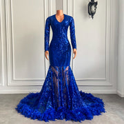 Luxury Long Sleeve Prom Dresses V-neck Mermaid Style Feather Royal Blue Sequined Feather Prom Gala Party Gowns