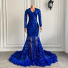 Luxury Royal Blue Long Sleeve V-neck Mermaid Style Feather Sequined Feather Prom Dress
