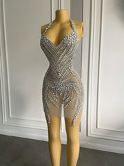 See Through Short Prom Dresses Luxury Beaded Crystals Silver Cocktail Gown For Party