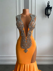 Orange Long Prom Dresses Sexy Mermaid Style Sheer O-neck Sparkly Luxury Silver Diamond Spandex Prom Gowns