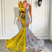 Sexy Long Prom Dresses Single Long Sleeve Yellow and Silver Mermaid Gala Prom Gowns