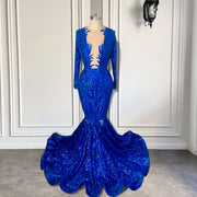 Long Sleeve Prom Dresses Sheer O-neck Fitted Mermaid Style Sparkly Royal Blue Sequin Women Prom Formal Gowns