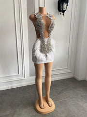 Luxury Sheer Mesh Silver Crystal White Feather Elegant Rhinestone Short Cocktail Dresses For Women