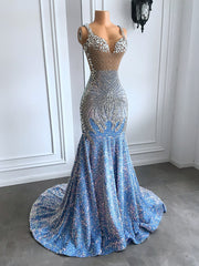 Sparkly Light Blue Mermaid Prom Dress with Silver Crystals