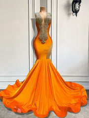 Orange Long Prom Dresses Sexy Mermaid Style Sheer O-neck Sparkly Luxury Silver Diamond Spandex Prom Gowns