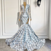 Fitted Long Elegant Prom Dresses Sheer O-neck Long Sleeve 3D Flowers Silver Sequin Mermaid Prom Party Gowns