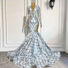 Silver Long Elegant Sheer O-neck Long Sleeve 3D Flowers Prom Dress