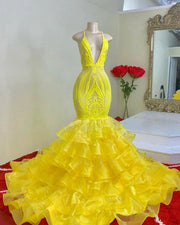 Sexy V-neck Mermaid Ruffle Yellow Organza Sparkly Sequin Long Prom Dress