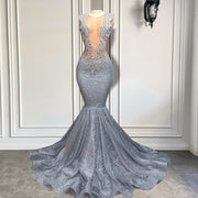 Long Glitter Prom Dresses Mermaid Style Sexy Sheer Top Luxury Sparkly Beaded Silver Formal Prom Gala Gowns