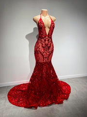 Long Sexy Prom Dress Halter Mermaid Style Backless Sparkly Red Sequin Prom Gala Gowns