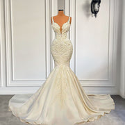 Vintage Sexy Mermaid Wedding Dress V-neck Sleeveless Pearls Lace  White Bridal Wedding Gowns