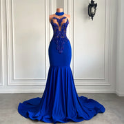 Long Prom Dresses Elegant High Neck Luxury Beaded Embroidery Royal Blue Spandex Mermaid Prom Gala Gowns