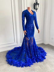 Luxury Long Sleeve Prom Dresses V-neck Mermaid Style Feather Royal Blue Sequined Feather Prom Gala Party Gowns