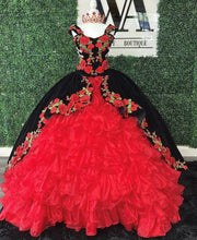 Black and Red Spaghetti Straps Dresses For Quinceanera Tiered Ball Gown Sweet 16 Princess Gala Vestido De 15 Anos