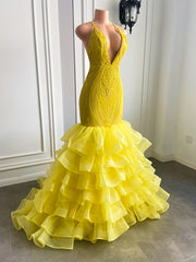 Sexy V-neck Mermaid Ruffle Yellow Organza Sparkly Sequin Long Prom Dress