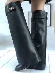 Genuine Leather Shark Lock Boots Metal Decor Belt Knee High Botas Mujer Wedges Women's Shoes Ladies High Heel Knee Boots Female