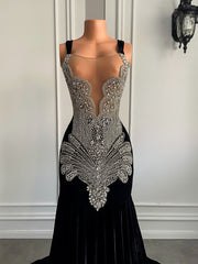 Luxury Long Prom Dresses Sexy Mermaid Style Sparkly Silver Diamond Crystals Velvet Prom Party Gowns