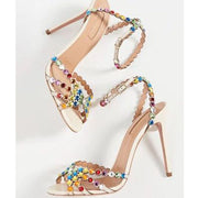 2022 Summer New Stiletto Round Toe High-Heeled Peep Toe Rhinestone Large Size Hollow Cross Sandals For Women