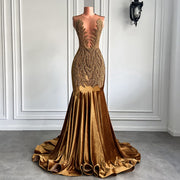 Gold Sheer Top Diamond Velvet Mermaid Prom Dress