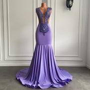 Luxurious Long Prom Dresses Sexy Mermaid Handmade Beaded Diamond Lavender Prom Gala Party Formal Occasion Dress