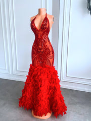 Long Elegant Prom Dresses Real Sexy See Through Sparkly Red Sequined Feather Mermaid Prom Gala Gowns