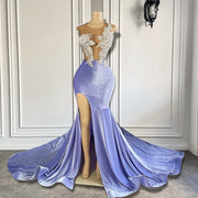 Real Long Prom Dresses Sexy High Slit Mermaid Sheer Luxury Beaded Embroidery Lavender Prom Party Formal Gowns