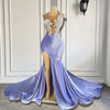 Sexy Lavender High Slit Mermaid Sheer Luxury Beaded Prom Dress