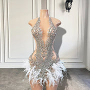 Gorgeous Halter Sleeveless Luxury Beaded Silver Crystals White Feather Cocktail Dresses Birthday Party Gowns