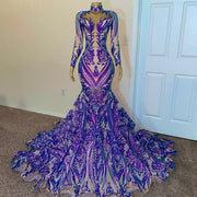 Long Prom Dresses High Neck Sexy Long Sleeve Sparkly Purple Sequin Fitted Prom Gala Gowns For Party