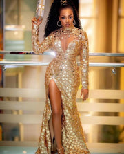 Sparkle Gold Sequin Mermaid Prom Dress Luxury Long Sleeve Crystal Evening Gowns Slit Formal