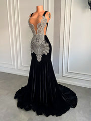 Sexy Mermaid Style Sparkly Silver Diamond Crystals Velvet Prom Party Gowns