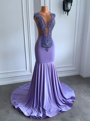 Luxurious Long Prom Dresses Sexy Mermaid Handmade Beaded Diamond Lavender Prom Gala Party Formal Occasion Dress