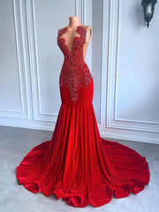 Red Velvet Beaded Mermaid Prom Dress