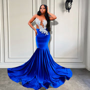 Long Elegant Prom Dresses Sexy Sheer Top Luxury Beaded Embroidery Royal Blue Velvet Short Prom Gown