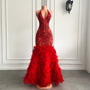 Long Elegant Prom Dresses Real Sexy See Through Sparkly Red Sequined Feather Mermaid Prom Gala Gowns