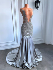 Sexy Sheer See Through Top Women Prom Gowns Luxury Sparkly Diamond Silver Velvet Mermaid Long Prom Dresses