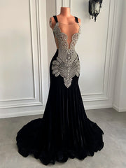 Luxury Long Prom Dresses Sexy Mermaid Style Sparkly Silver Diamond Crystals Velvet Prom Party Gowns