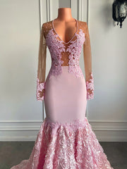 See Through Beaded Long Pink Prom Dress