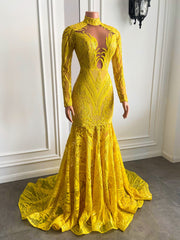 Sexy Mermaid Style Long Sleeve High Neck Yellow Sequin Long Prom Dresses For Party