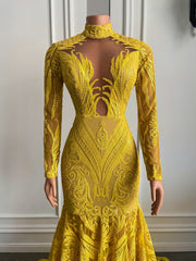 Sexy Mermaid Style Long Sleeve High Neck Yellow Sequin Long Prom Dresses For Party