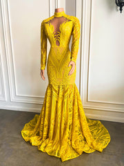 Sexy Mermaid Style Long Sleeve High Neck Yellow Sequin Long Prom Dresses For Party