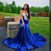 Long Elegant Prom Dresses Sexy Sheer Top Luxury Beaded Embroidery Royal Blue Velvet Short Prom Gown