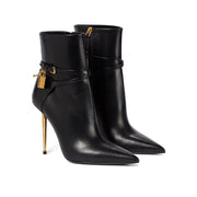 Sexy Metal Lock Decorate Ankle Boots Women Gold Stiletto High Heel Pointed Toe Short Booties Fashion Zipper Boots