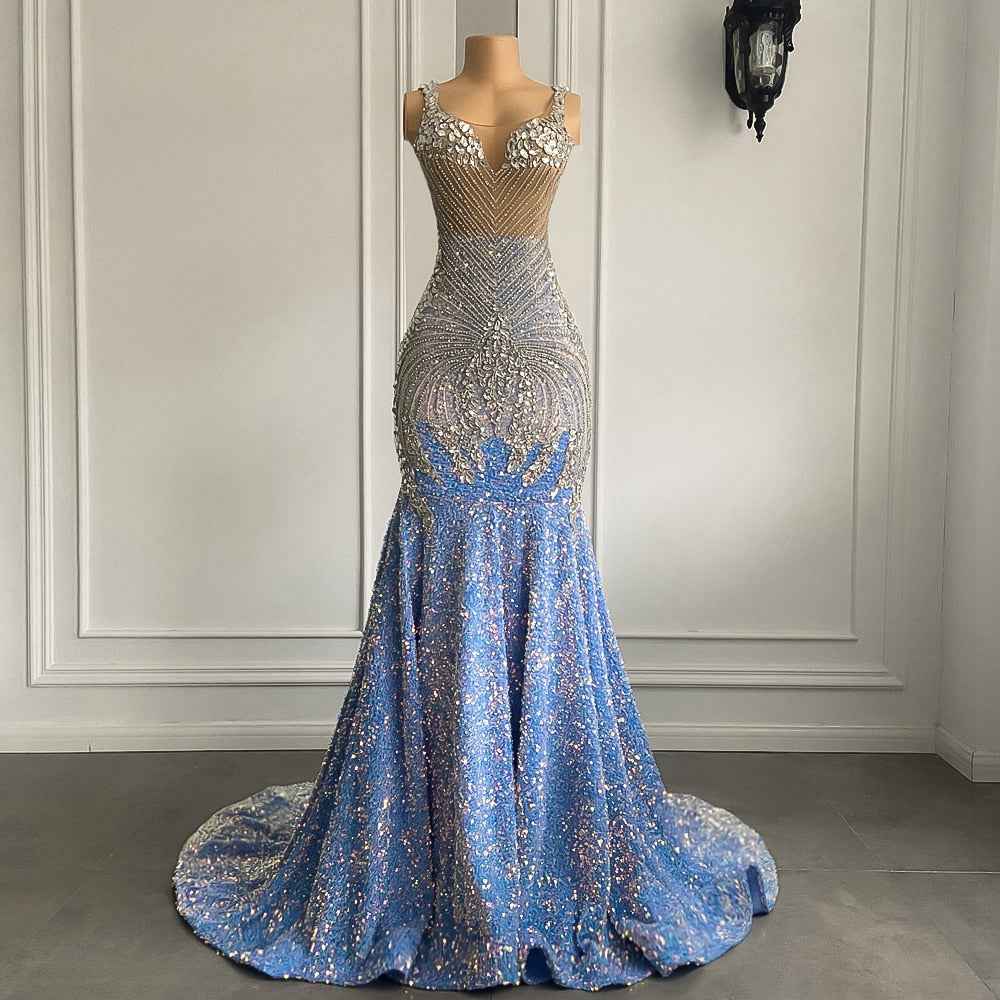 Sparkly Light Blue Mermaid Prom Dress with Silver Crystals – Envious