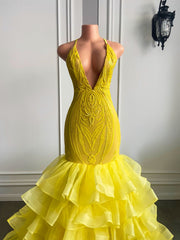 Sexy V-neck Mermaid Ruffle Yellow Organza Sparkly Sequin Long Prom Dresses