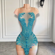 Sexy See Through Women Cocktail Birthday Party Gowns Sparkly Diamond Crystals Light Blue Black Girls Short Prom Dresses