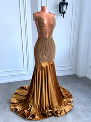 Gold Sheer Top Diamond Velvet Mermaid Prom Dress