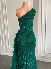 One Shoulder Mermaid Sexy High Slit Green Tulle Beaded Party Prom Gown