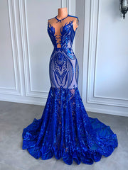 Real Sample Long Prom Dresses Fitted Mermaid Style Sheer Mesh Royal Blue Sparkly Sequined Women Prom Gala Gowns