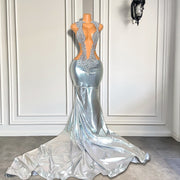 Sparkly Long Prom Dresses Fitted Sexy Mermaid Style Sheer Mesh Luxury Beaded Silver Leather Prom Formal Gowns